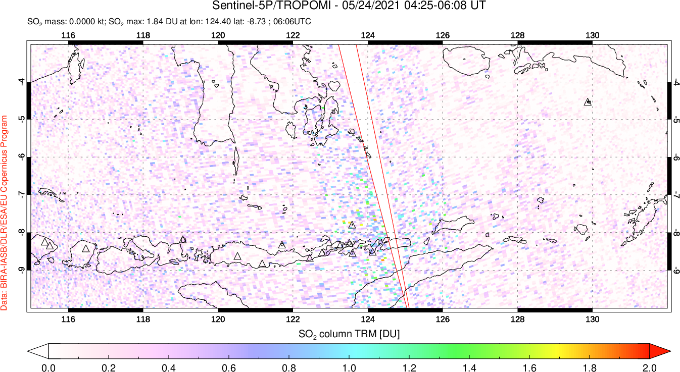 A sulfur dioxide image over Lesser Sunda Islands, Indonesia on May 24, 2021.