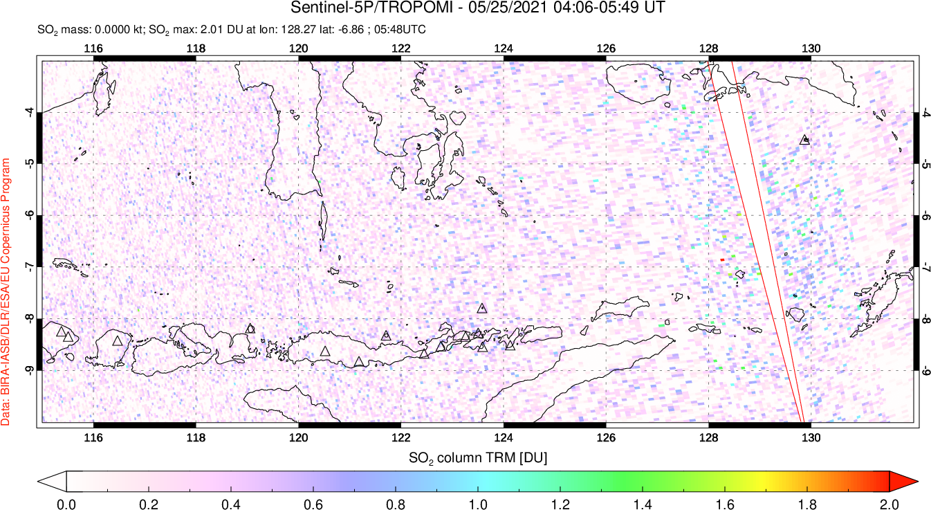 A sulfur dioxide image over Lesser Sunda Islands, Indonesia on May 25, 2021.