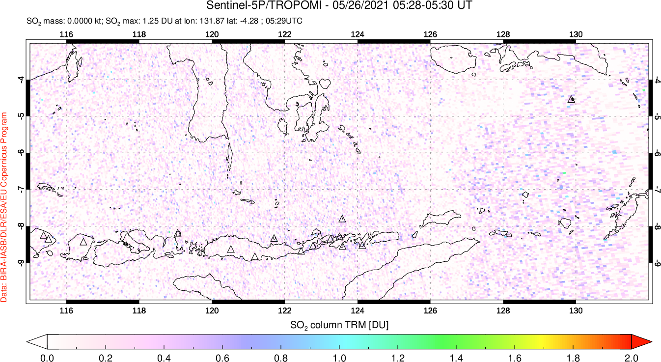 A sulfur dioxide image over Lesser Sunda Islands, Indonesia on May 26, 2021.