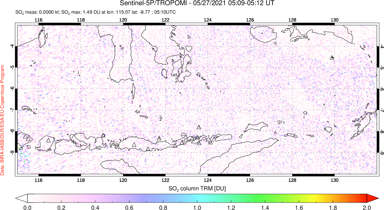A sulfur dioxide image over Lesser Sunda Islands, Indonesia on May 27, 2021.
