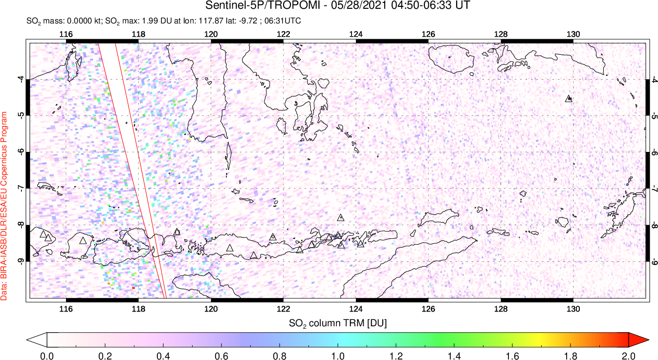 A sulfur dioxide image over Lesser Sunda Islands, Indonesia on May 28, 2021.
