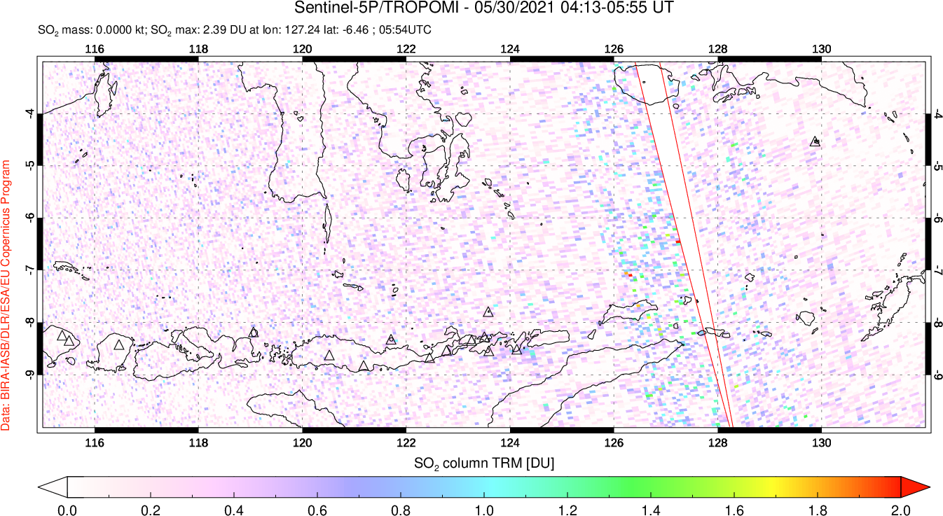 A sulfur dioxide image over Lesser Sunda Islands, Indonesia on May 30, 2021.
