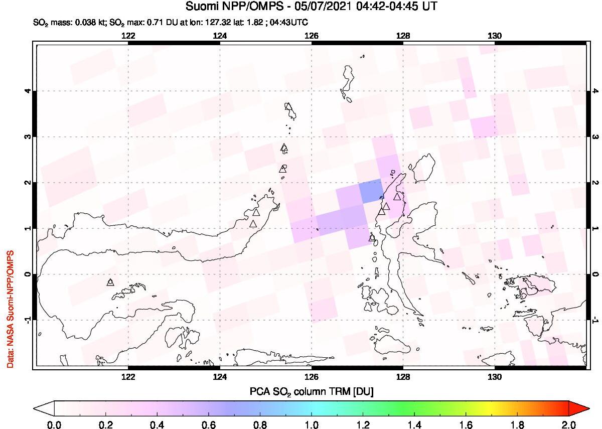 A sulfur dioxide image over Northern Sulawesi & Halmahera, Indonesia on May 07, 2021.