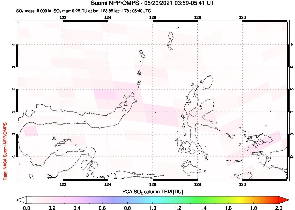 A sulfur dioxide image over Northern Sulawesi & Halmahera, Indonesia on May 20, 2021.