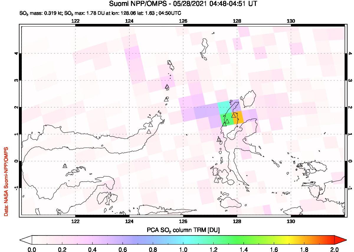 A sulfur dioxide image over Northern Sulawesi & Halmahera, Indonesia on May 28, 2021.
