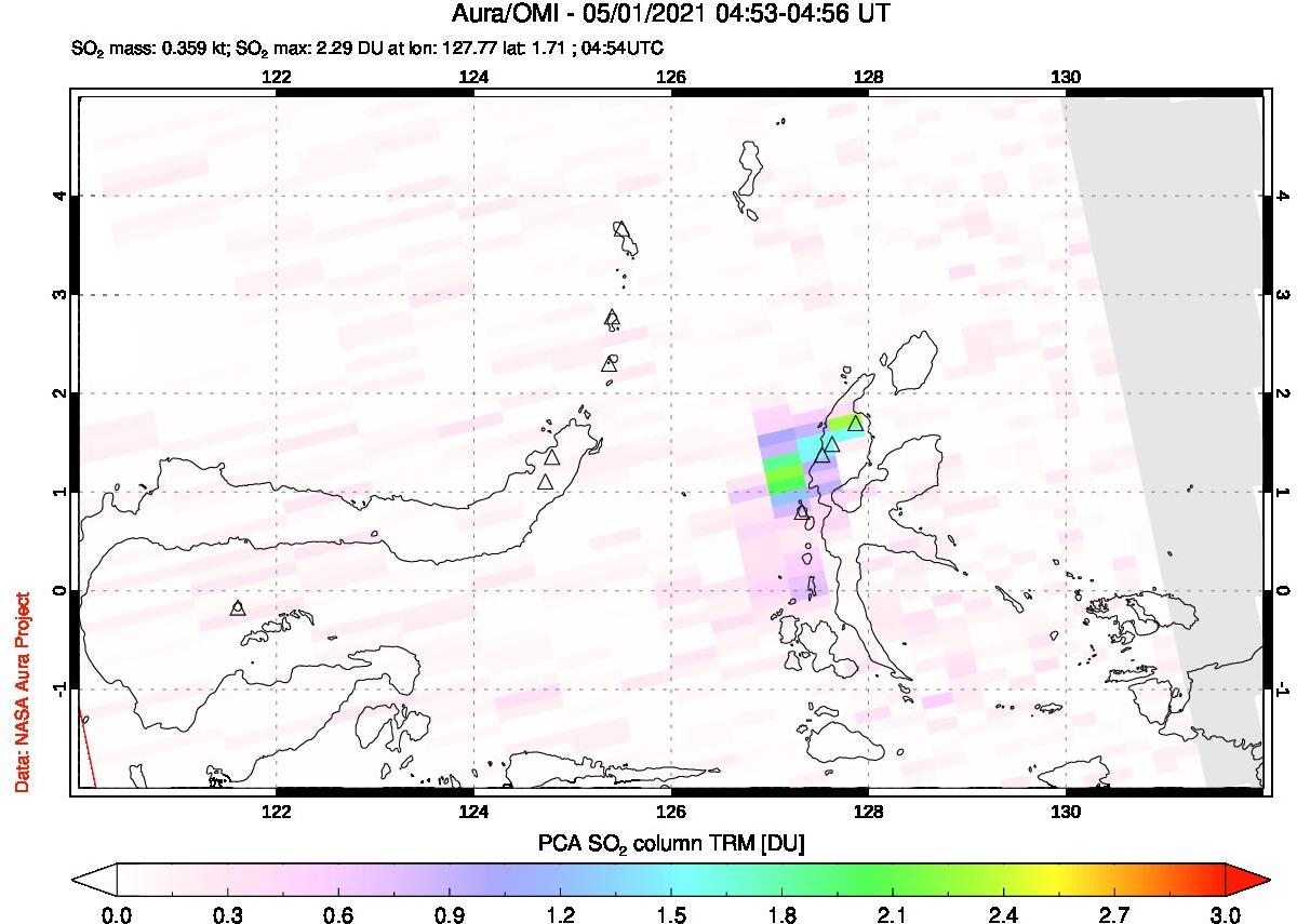 A sulfur dioxide image over Northern Sulawesi & Halmahera, Indonesia on May 01, 2021.