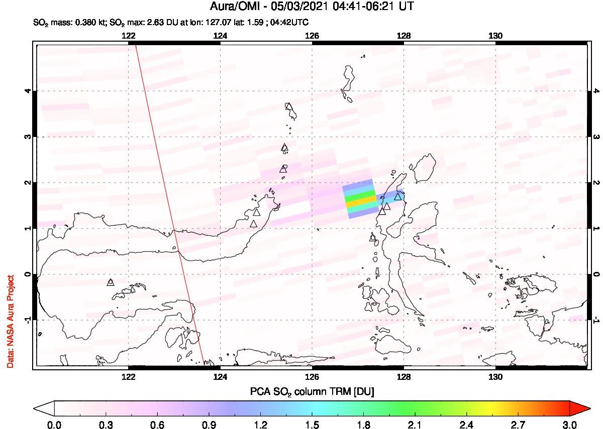 A sulfur dioxide image over Northern Sulawesi & Halmahera, Indonesia on May 03, 2021.