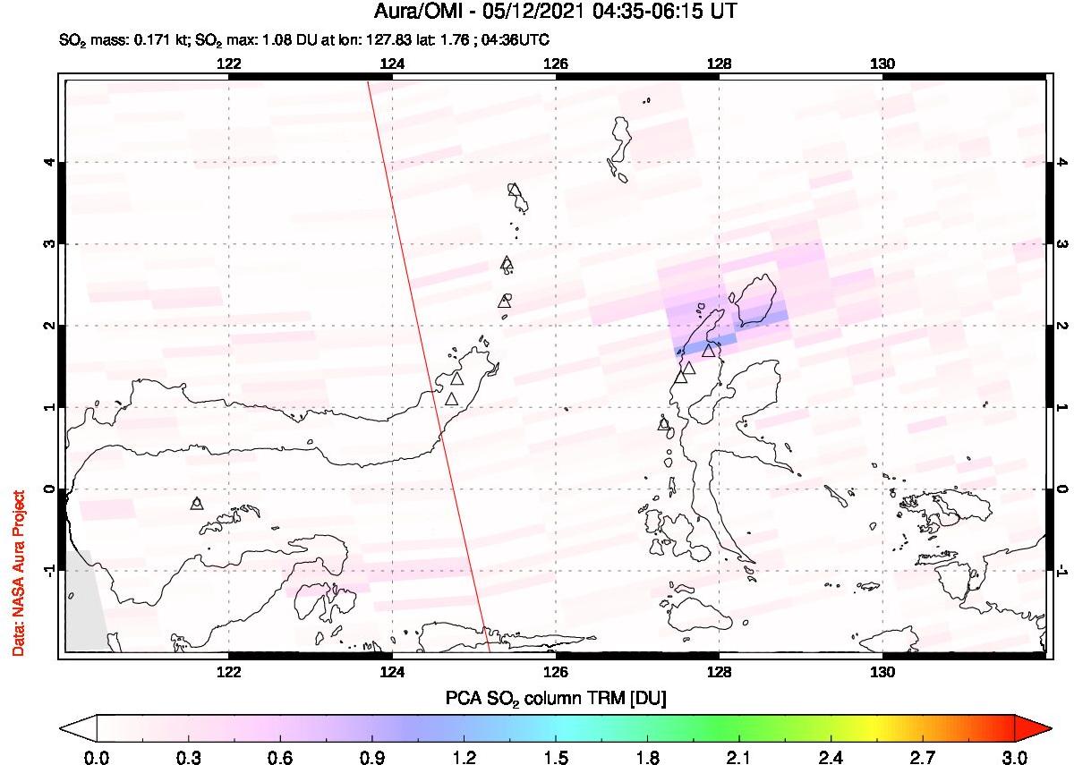 A sulfur dioxide image over Northern Sulawesi & Halmahera, Indonesia on May 12, 2021.