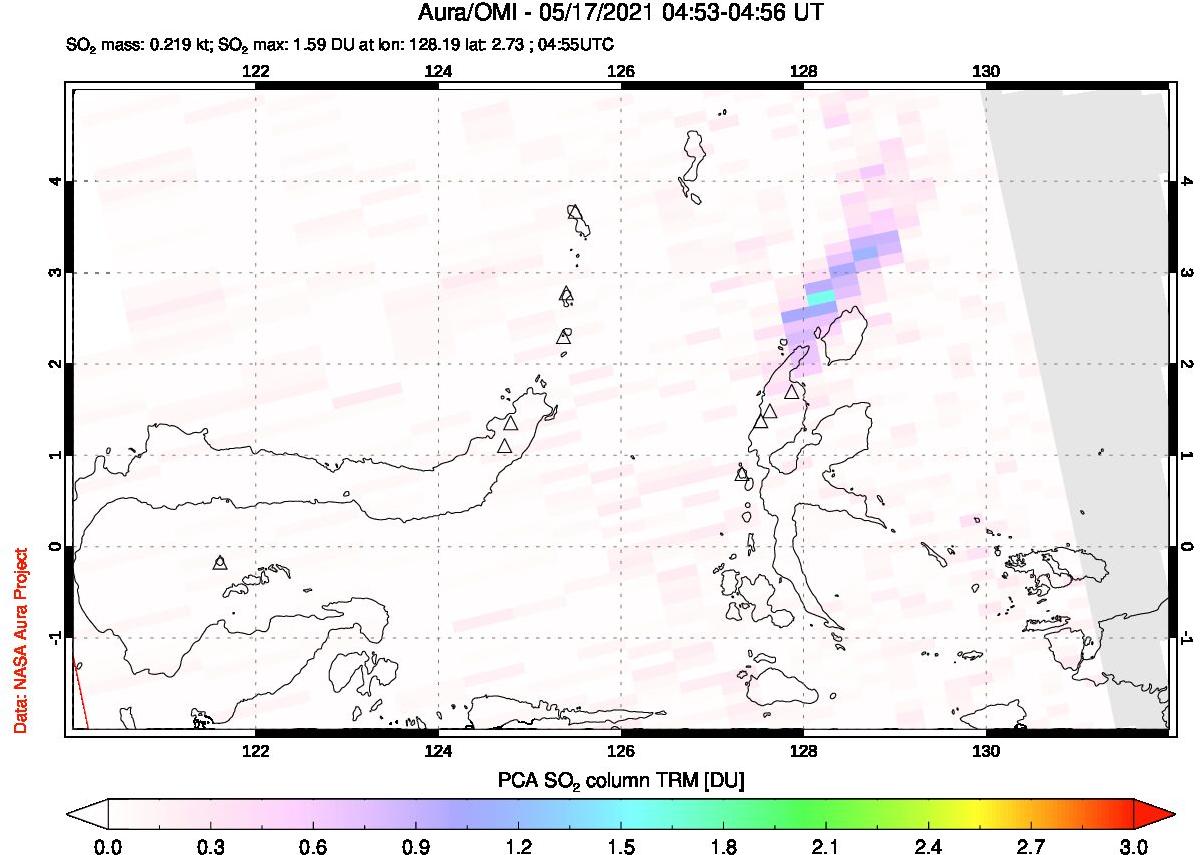 A sulfur dioxide image over Northern Sulawesi & Halmahera, Indonesia on May 17, 2021.