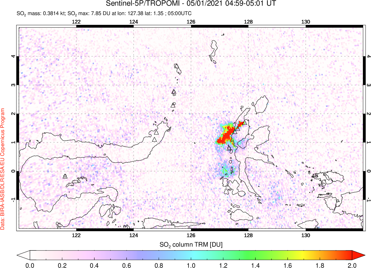 A sulfur dioxide image over Northern Sulawesi & Halmahera, Indonesia on May 01, 2021.
