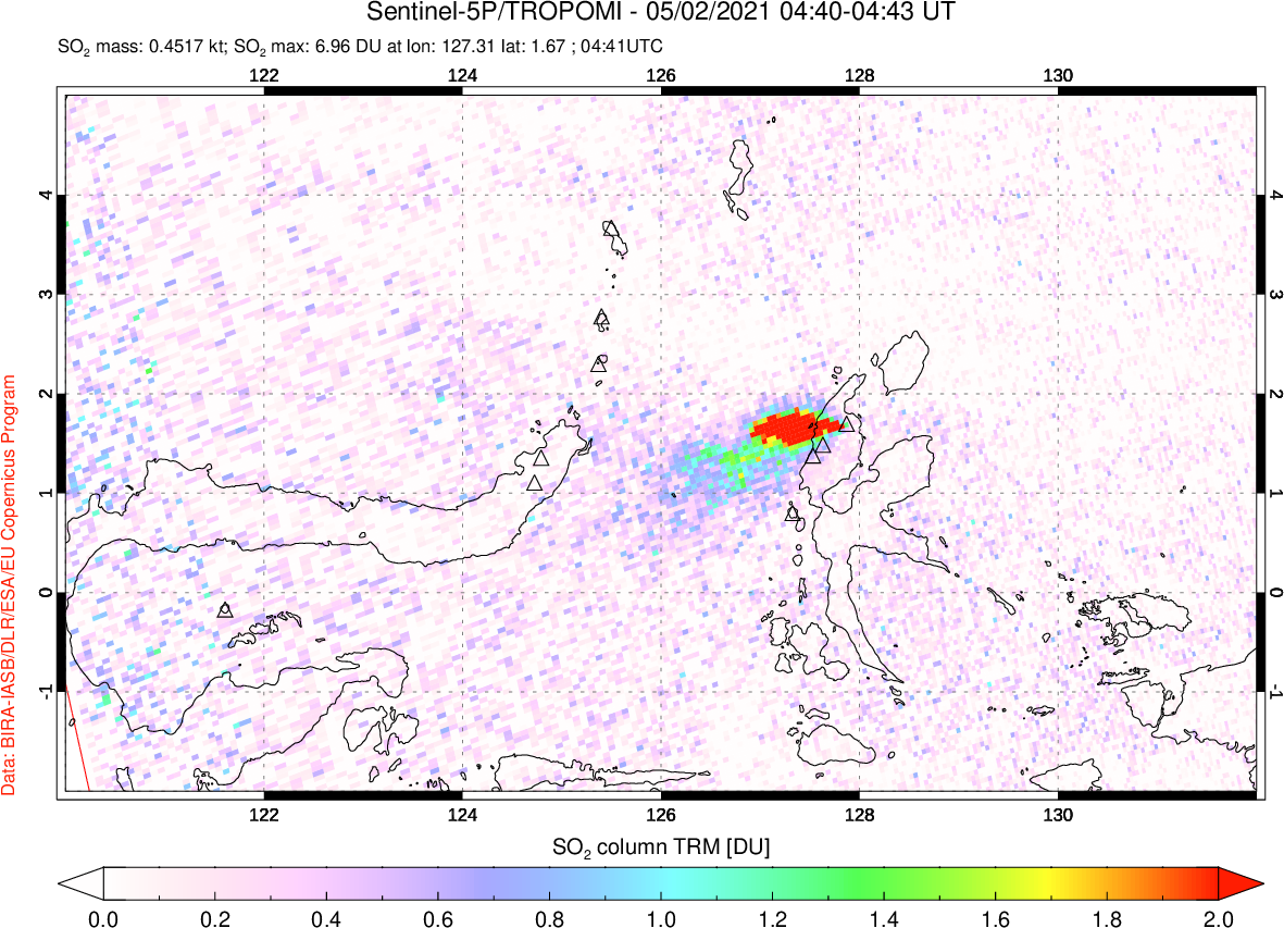A sulfur dioxide image over Northern Sulawesi & Halmahera, Indonesia on May 02, 2021.