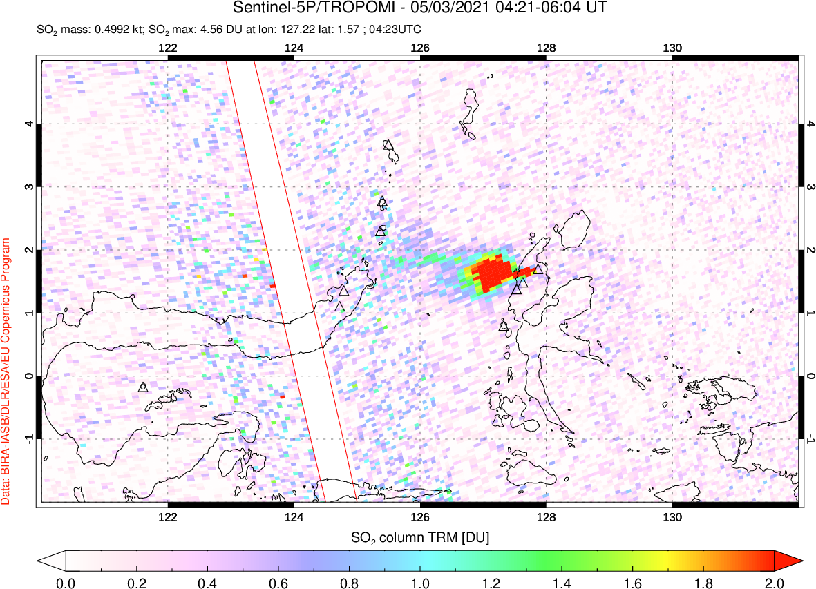 A sulfur dioxide image over Northern Sulawesi & Halmahera, Indonesia on May 03, 2021.