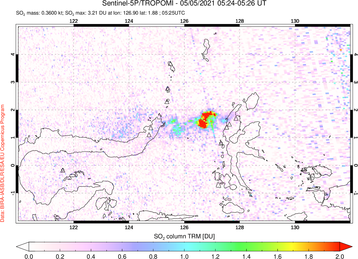 A sulfur dioxide image over Northern Sulawesi & Halmahera, Indonesia on May 05, 2021.