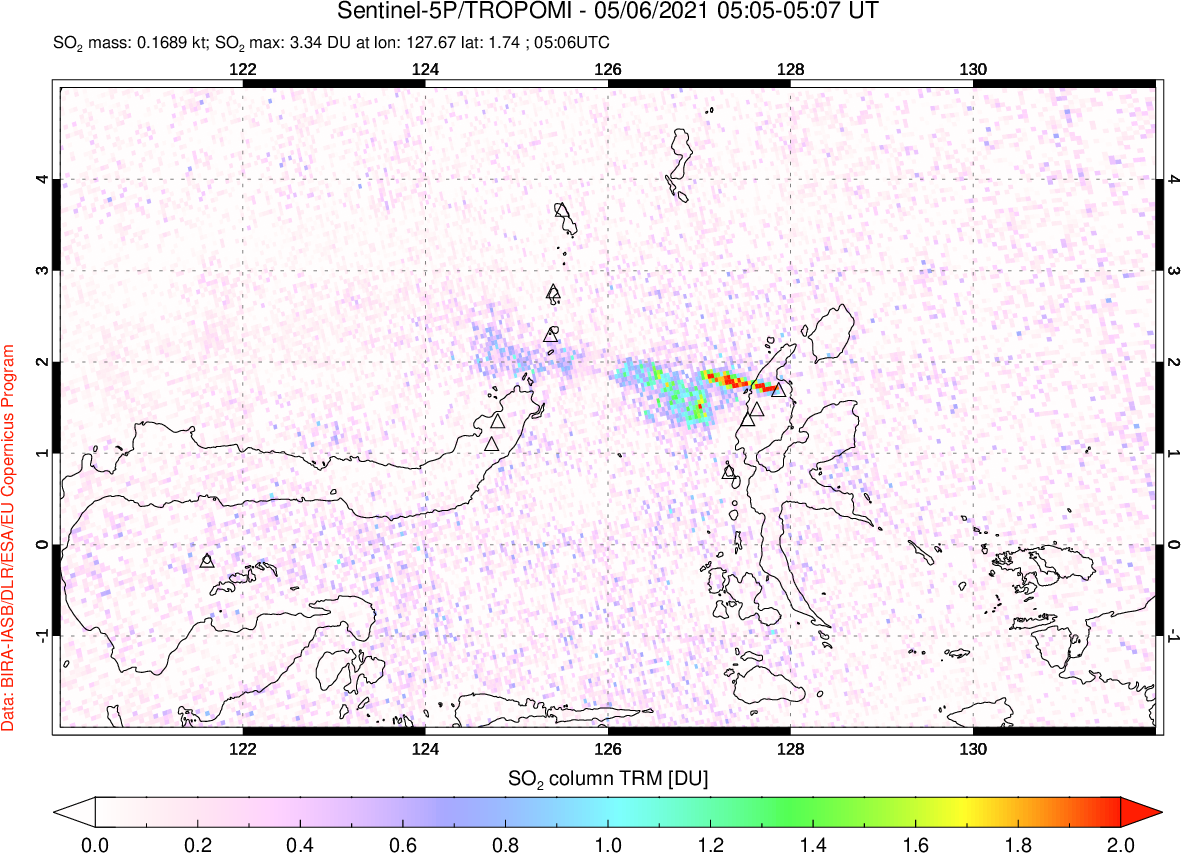A sulfur dioxide image over Northern Sulawesi & Halmahera, Indonesia on May 06, 2021.