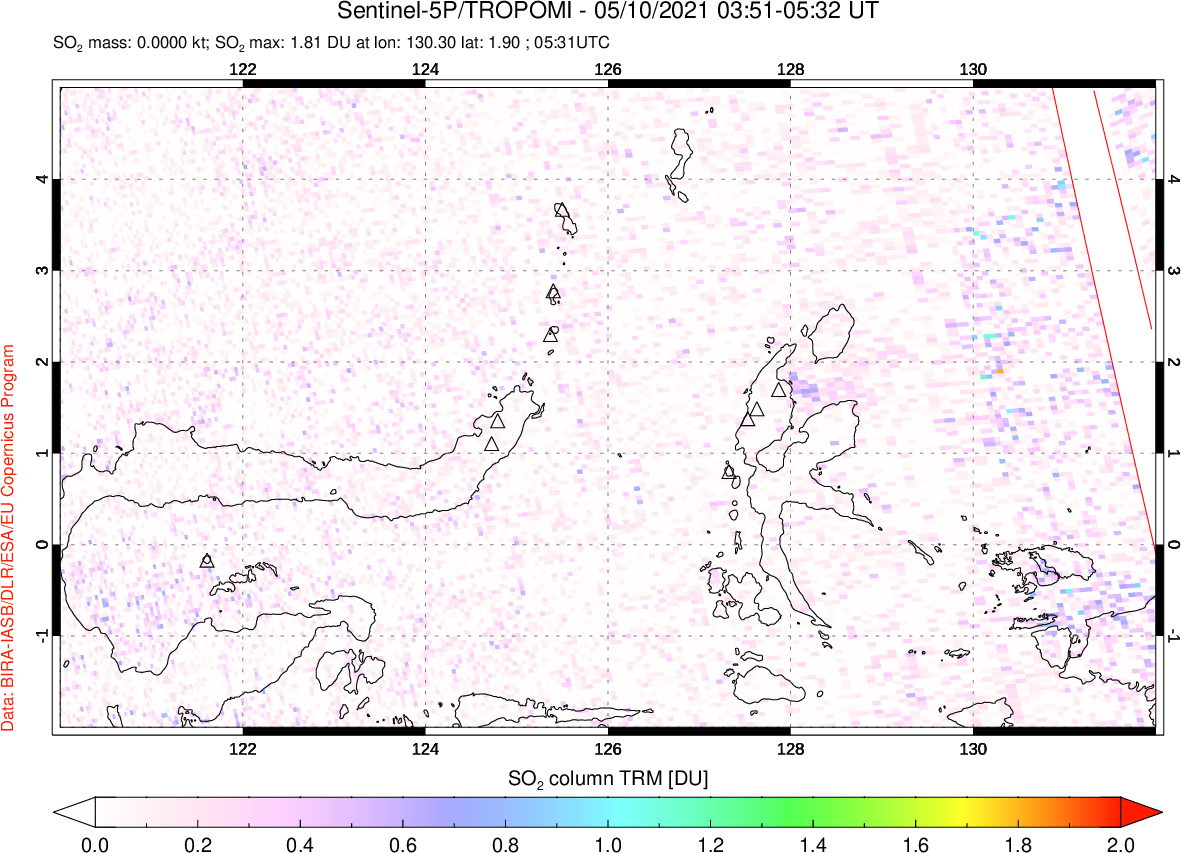 A sulfur dioxide image over Northern Sulawesi & Halmahera, Indonesia on May 10, 2021.