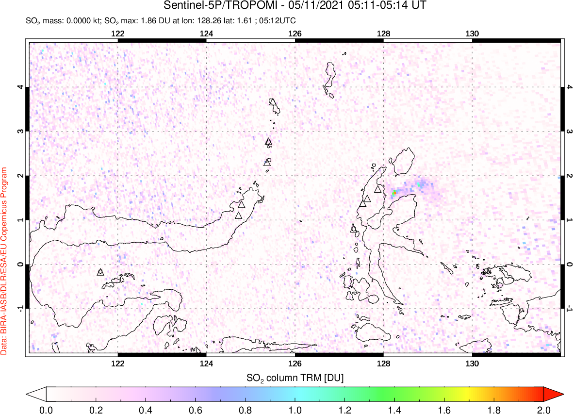 A sulfur dioxide image over Northern Sulawesi & Halmahera, Indonesia on May 11, 2021.
