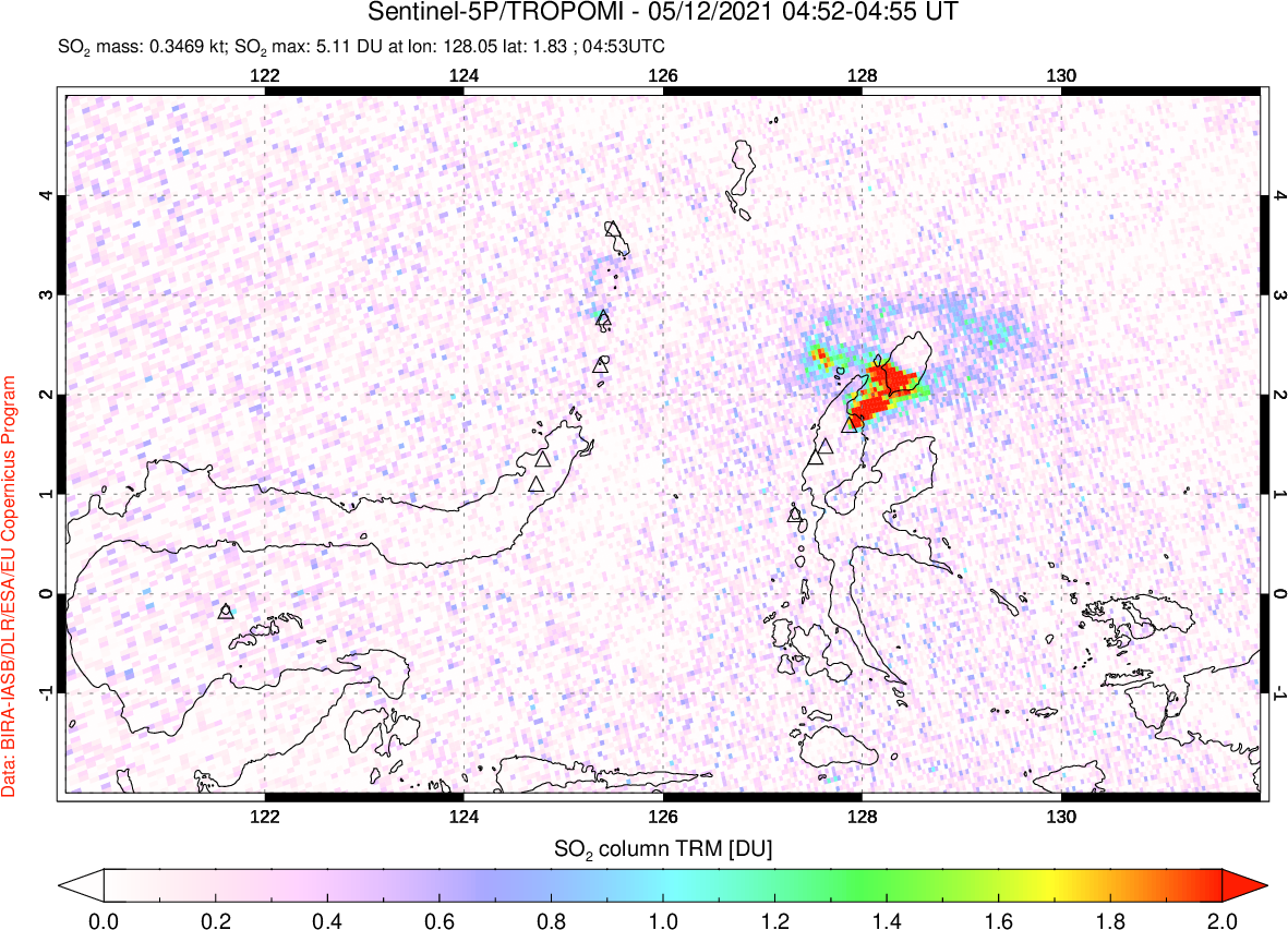 A sulfur dioxide image over Northern Sulawesi & Halmahera, Indonesia on May 12, 2021.