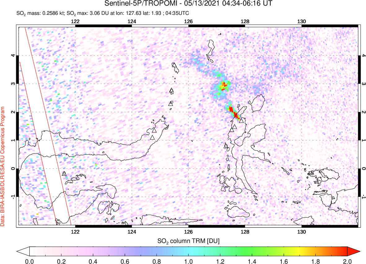 A sulfur dioxide image over Northern Sulawesi & Halmahera, Indonesia on May 13, 2021.