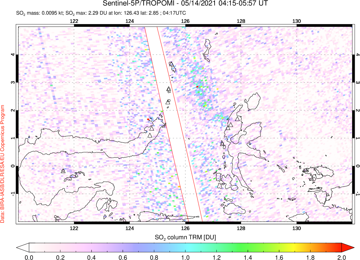 A sulfur dioxide image over Northern Sulawesi & Halmahera, Indonesia on May 14, 2021.