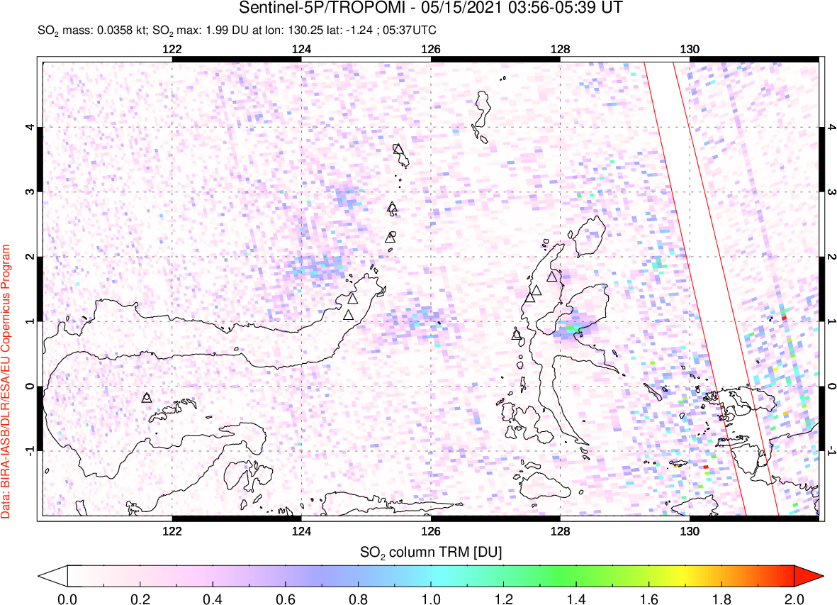 A sulfur dioxide image over Northern Sulawesi & Halmahera, Indonesia on May 15, 2021.