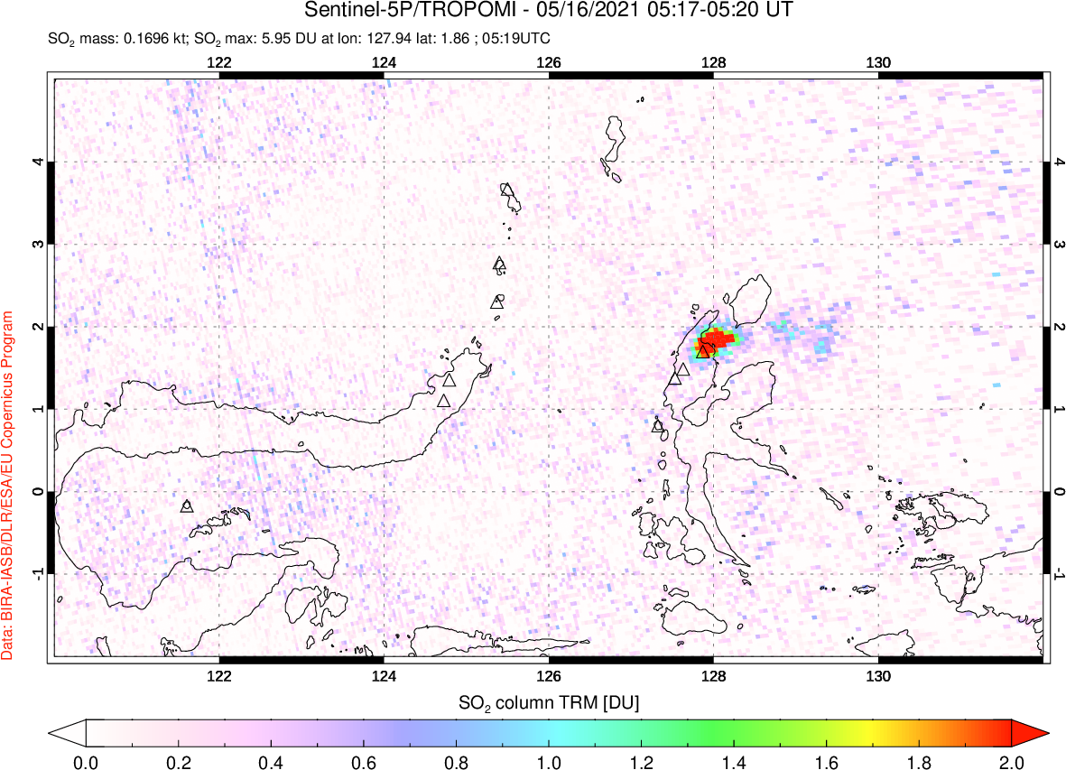 A sulfur dioxide image over Northern Sulawesi & Halmahera, Indonesia on May 16, 2021.
