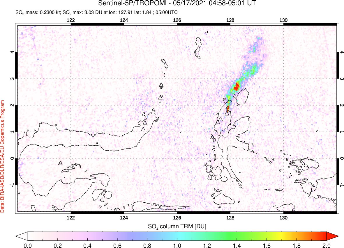 A sulfur dioxide image over Northern Sulawesi & Halmahera, Indonesia on May 17, 2021.