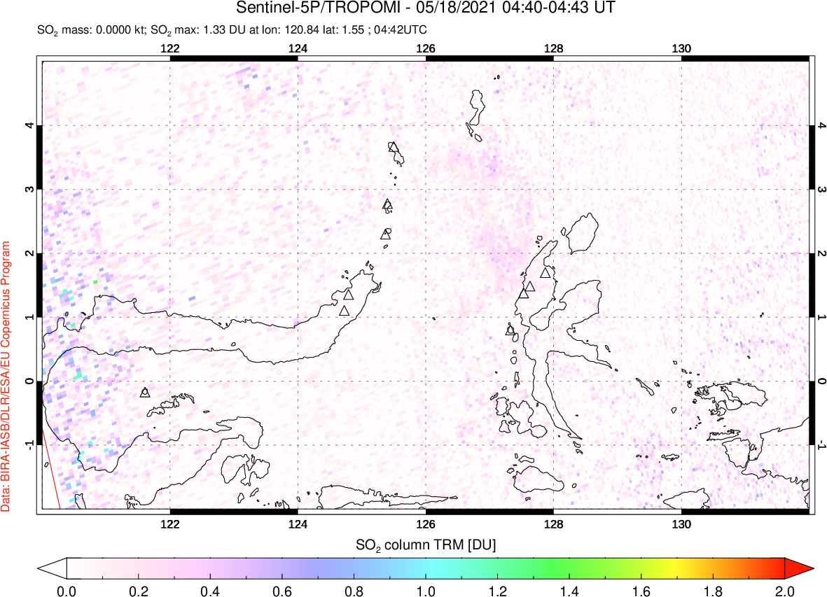 A sulfur dioxide image over Northern Sulawesi & Halmahera, Indonesia on May 18, 2021.