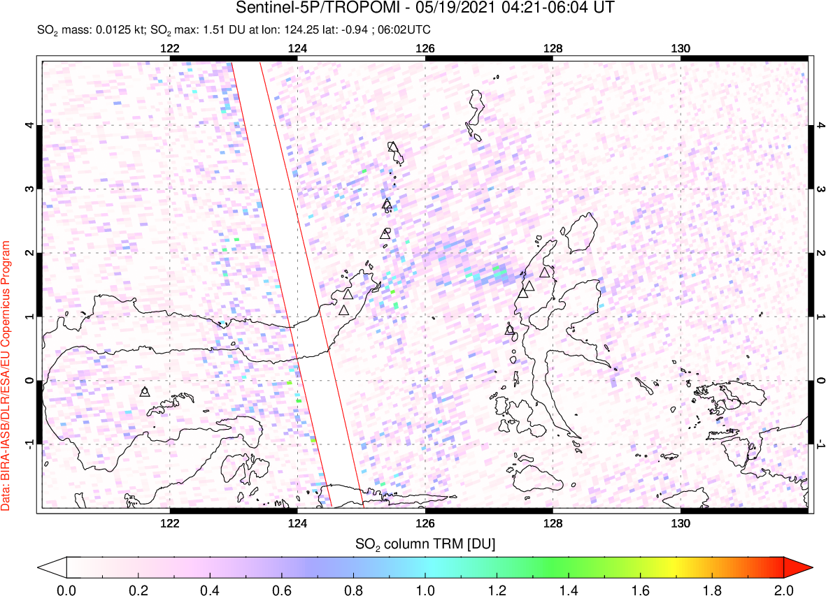 A sulfur dioxide image over Northern Sulawesi & Halmahera, Indonesia on May 19, 2021.