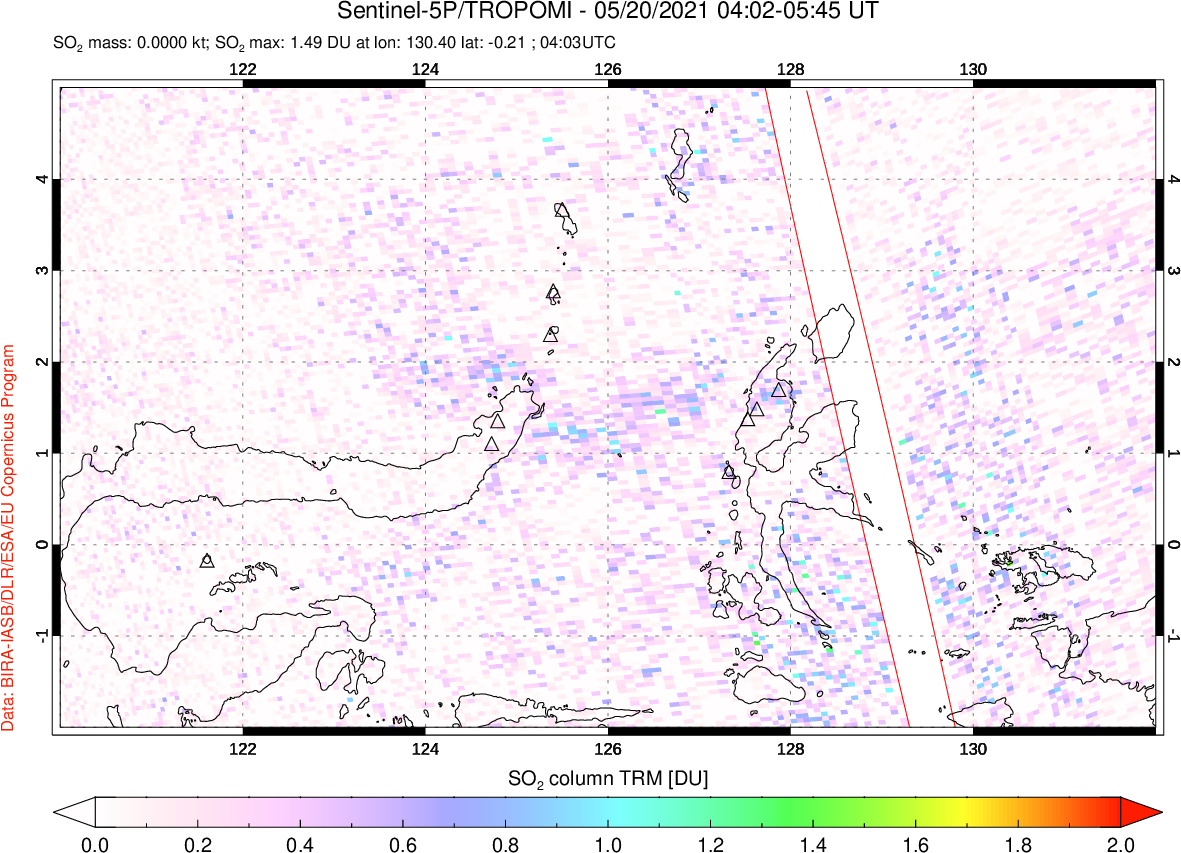 A sulfur dioxide image over Northern Sulawesi & Halmahera, Indonesia on May 20, 2021.