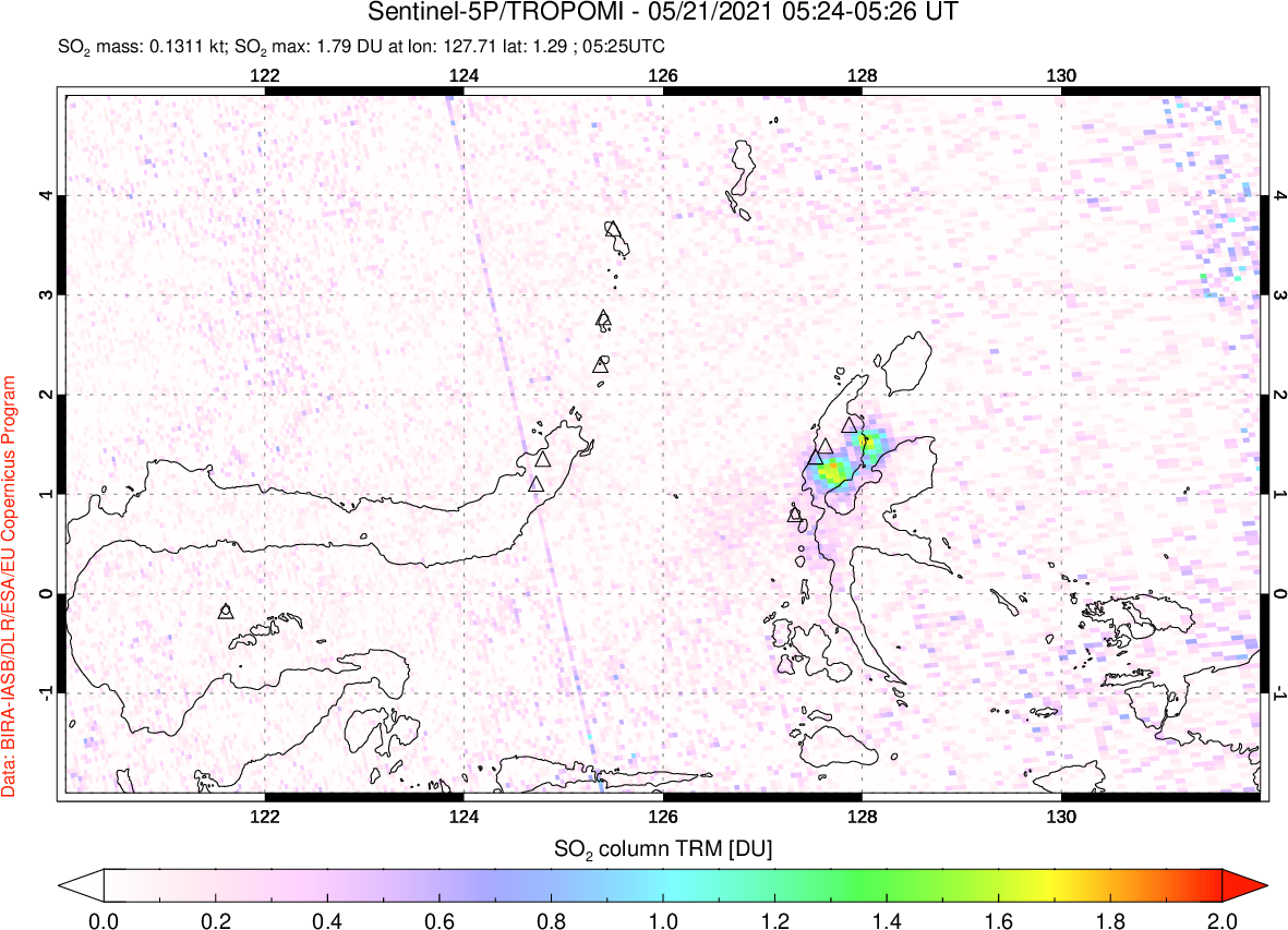 A sulfur dioxide image over Northern Sulawesi & Halmahera, Indonesia on May 21, 2021.