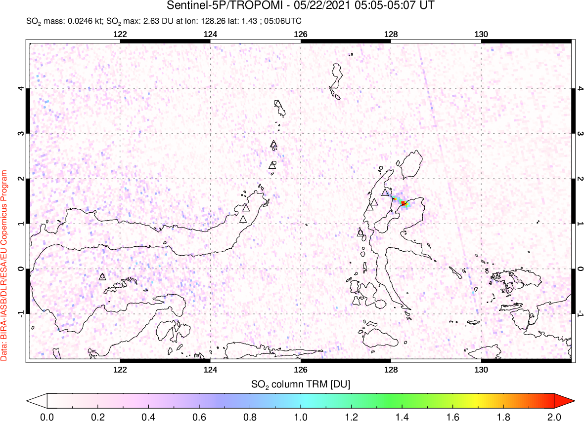 A sulfur dioxide image over Northern Sulawesi & Halmahera, Indonesia on May 22, 2021.