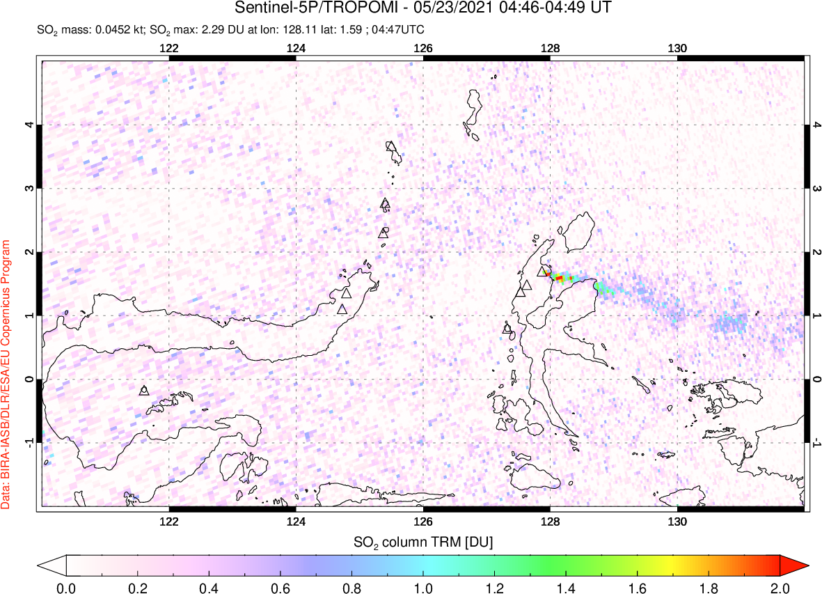 A sulfur dioxide image over Northern Sulawesi & Halmahera, Indonesia on May 23, 2021.