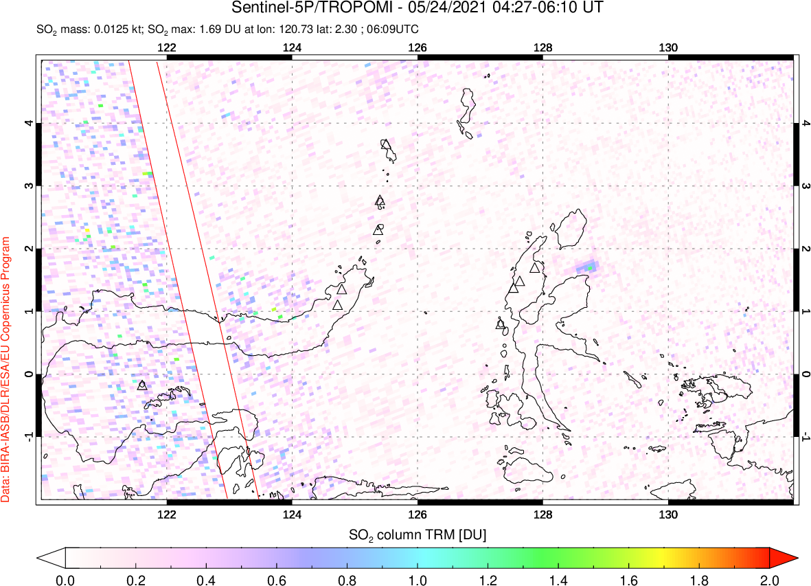 A sulfur dioxide image over Northern Sulawesi & Halmahera, Indonesia on May 24, 2021.