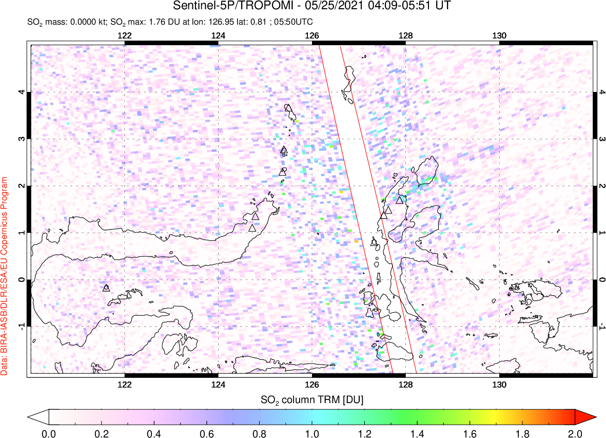 A sulfur dioxide image over Northern Sulawesi & Halmahera, Indonesia on May 25, 2021.