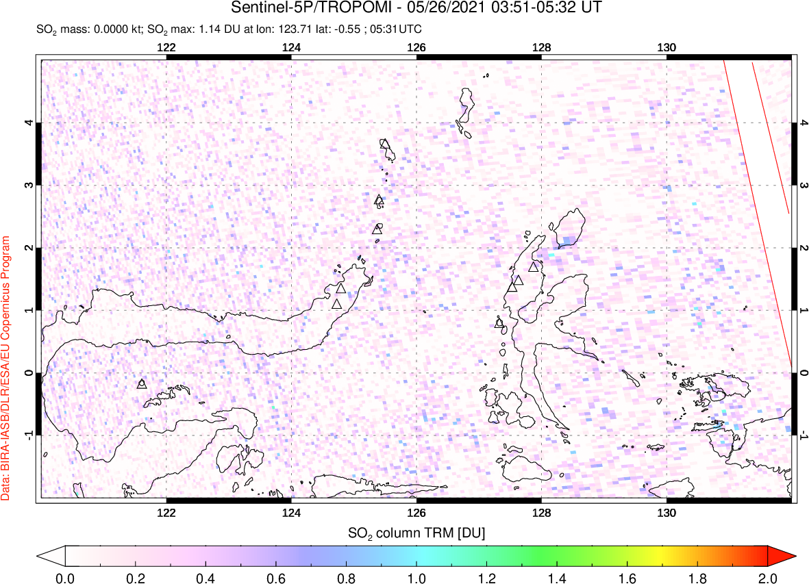 A sulfur dioxide image over Northern Sulawesi & Halmahera, Indonesia on May 26, 2021.