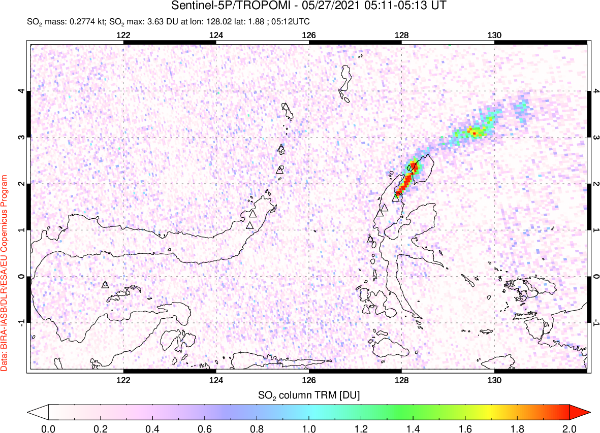 A sulfur dioxide image over Northern Sulawesi & Halmahera, Indonesia on May 27, 2021.