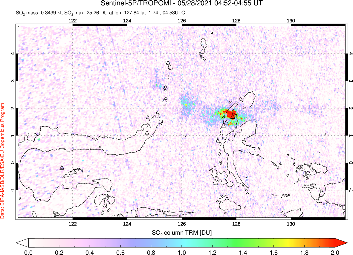 A sulfur dioxide image over Northern Sulawesi & Halmahera, Indonesia on May 28, 2021.