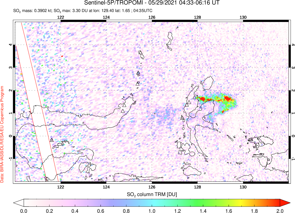 A sulfur dioxide image over Northern Sulawesi & Halmahera, Indonesia on May 29, 2021.