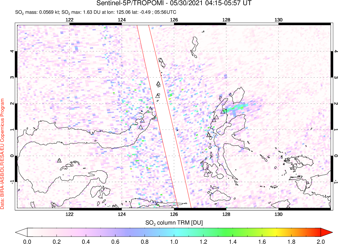 A sulfur dioxide image over Northern Sulawesi & Halmahera, Indonesia on May 30, 2021.