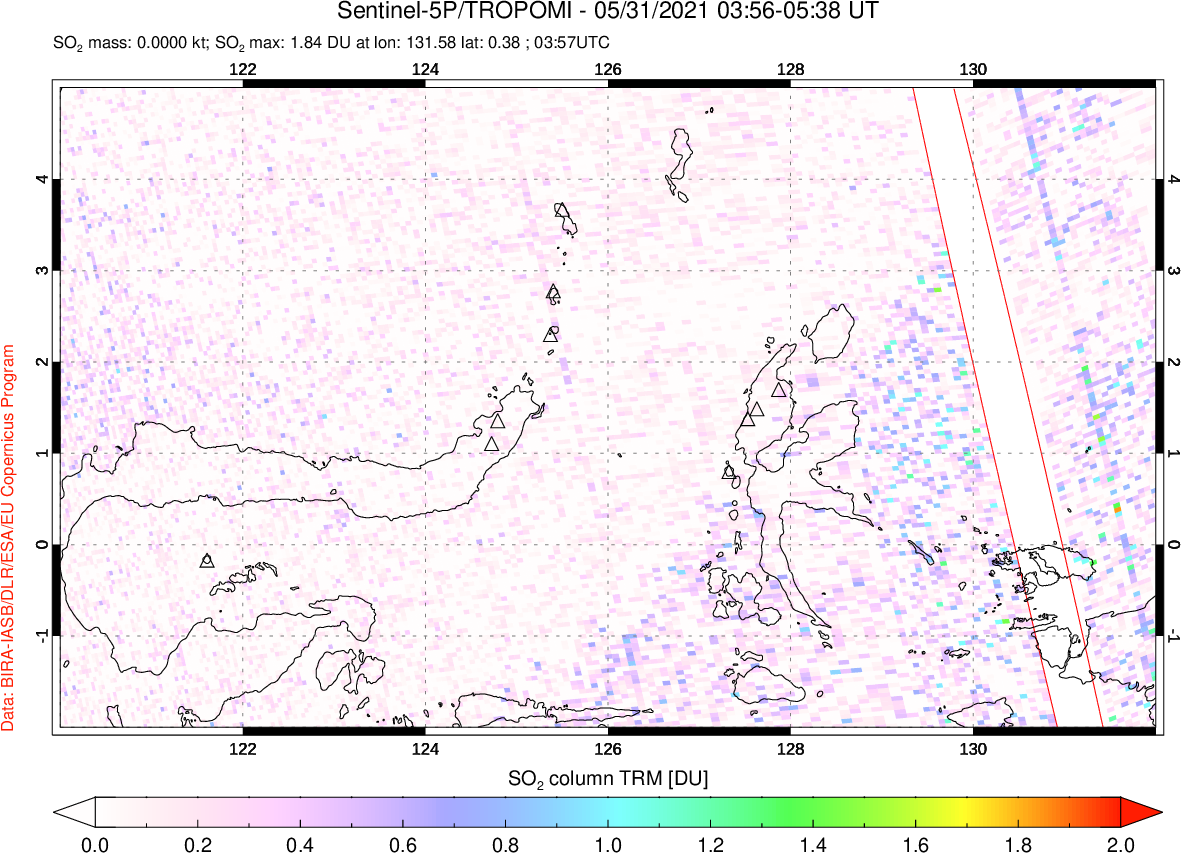 A sulfur dioxide image over Northern Sulawesi & Halmahera, Indonesia on May 31, 2021.