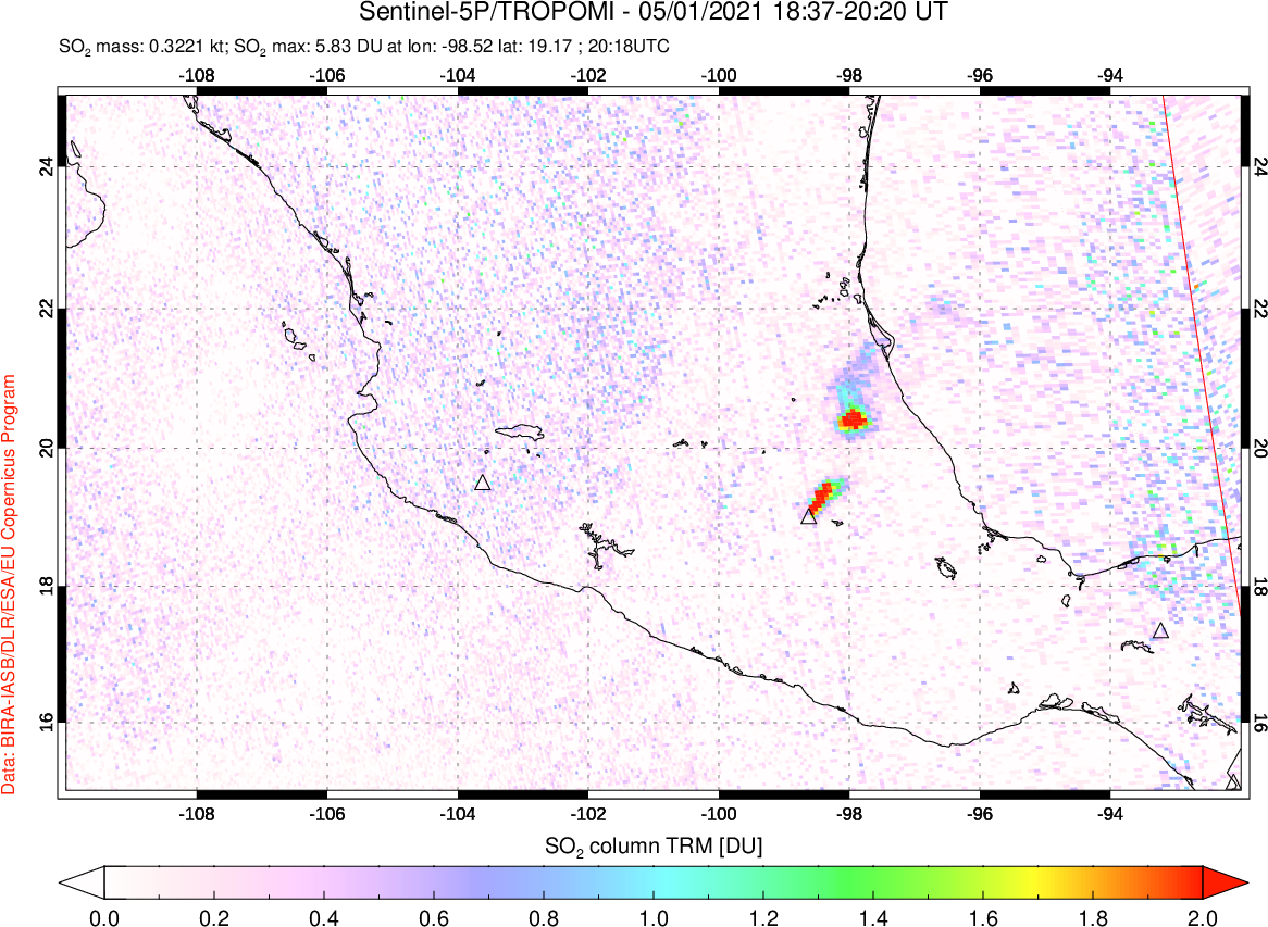 A sulfur dioxide image over Mexico on May 01, 2021.