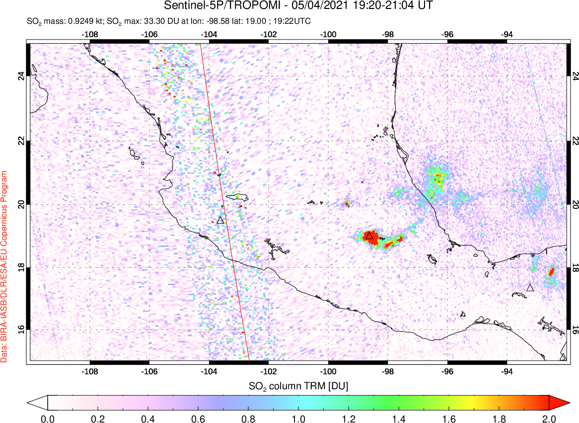 A sulfur dioxide image over Mexico on May 04, 2021.