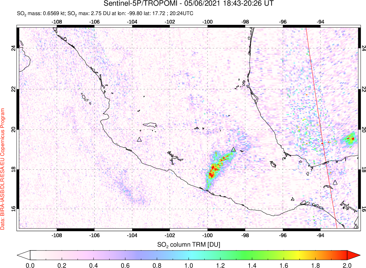 A sulfur dioxide image over Mexico on May 06, 2021.