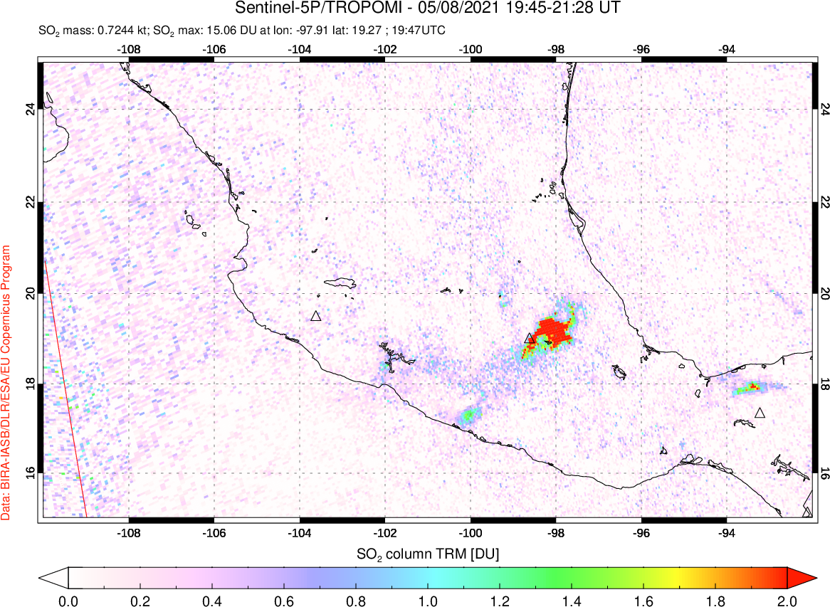 A sulfur dioxide image over Mexico on May 08, 2021.