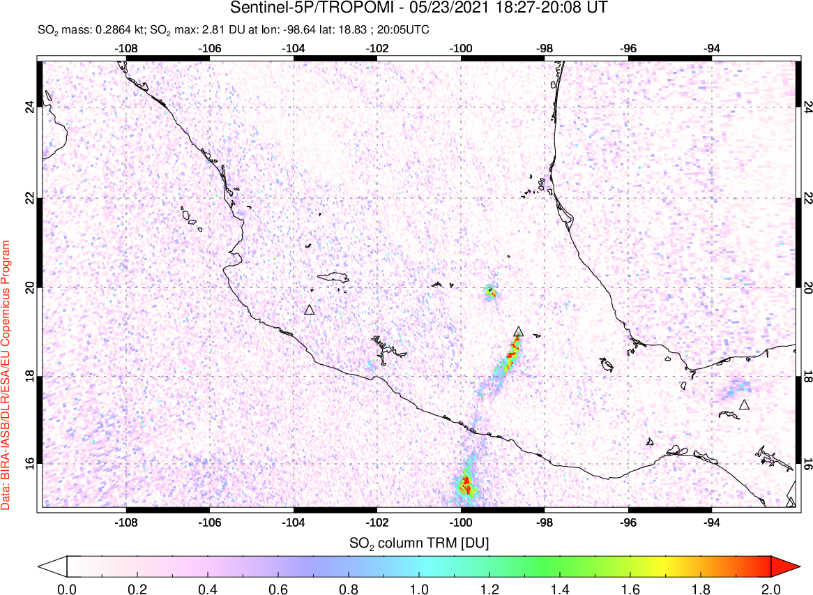 A sulfur dioxide image over Mexico on May 23, 2021.