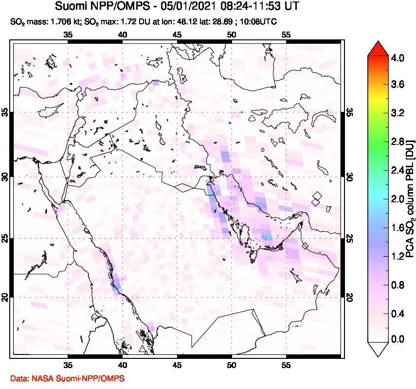A sulfur dioxide image over Middle East on May 01, 2021.