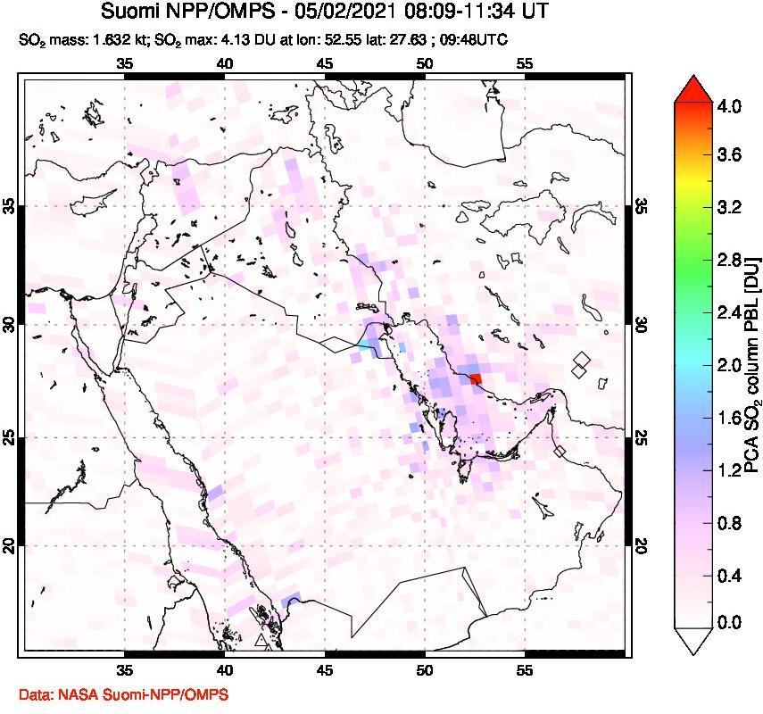 A sulfur dioxide image over Middle East on May 02, 2021.