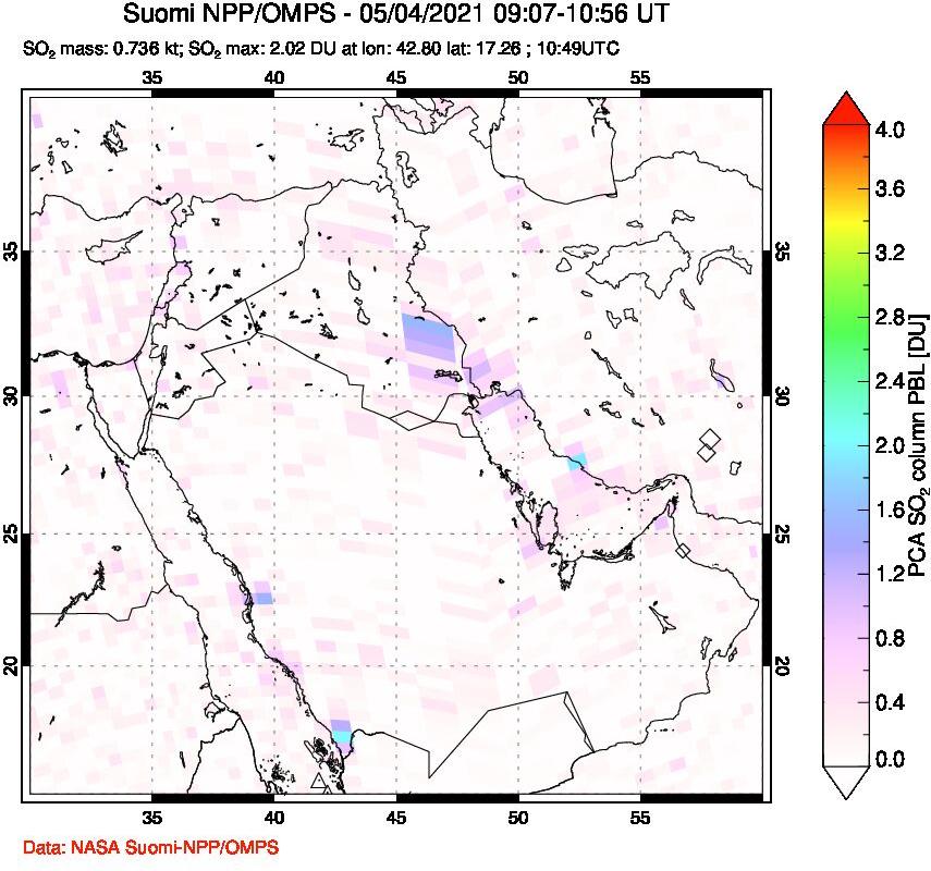 A sulfur dioxide image over Middle East on May 04, 2021.