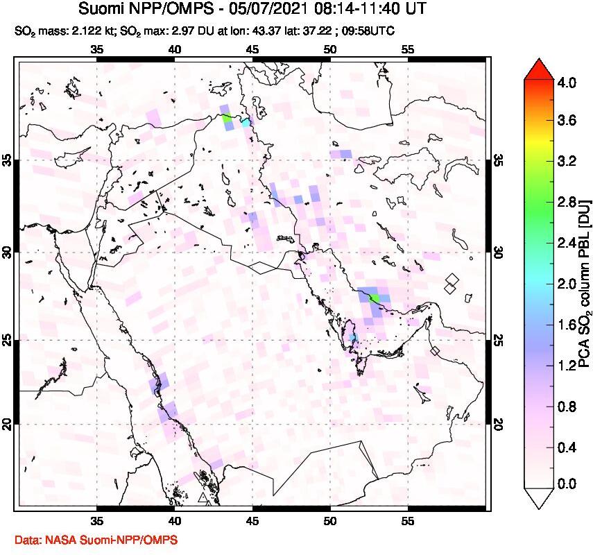 A sulfur dioxide image over Middle East on May 07, 2021.