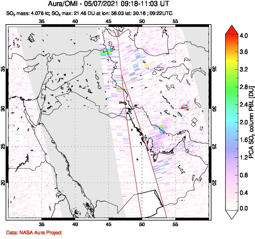 A sulfur dioxide image over Middle East on May 07, 2021.